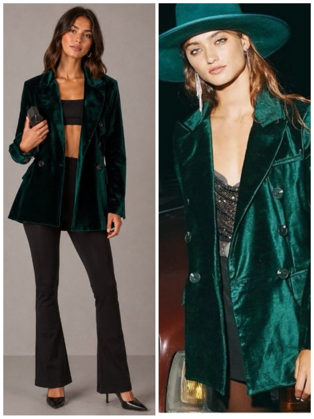 Free People Dark Green Velvet Double-Breasted Blazer, Medium